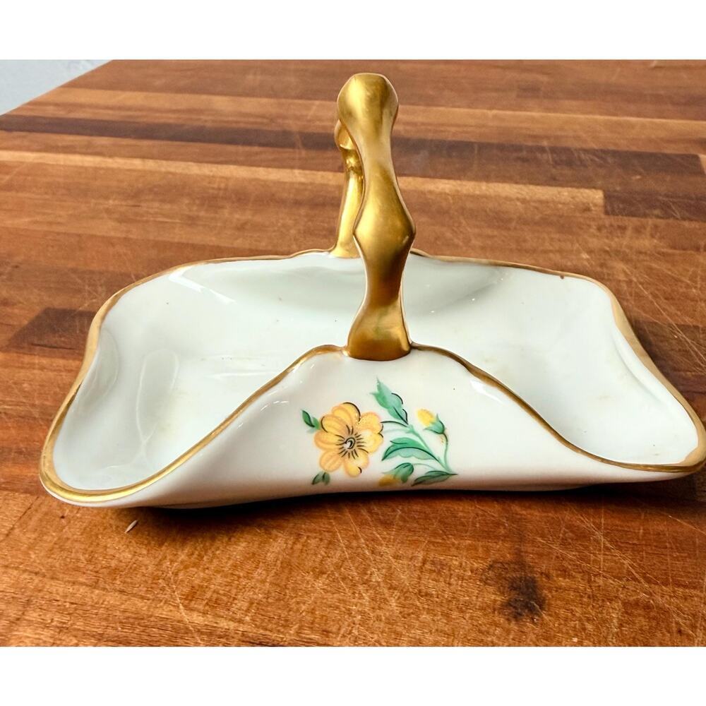 Vintage Limoges Castel Porcelain Basket Dish: Bird Floral Gold Gilt Handle - Picture 9 of 15